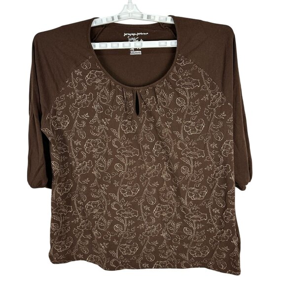 JMS Womens Plus Size 2X Brown Floral Embroidered Top - Picture 1 of 6